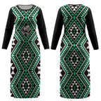 New Zealand Kakariki Taniko Motifs Couples Matching Long Sleeve Bodycon Dress and Hawaiian Shirt Maori Poi Dance Costume Inspired