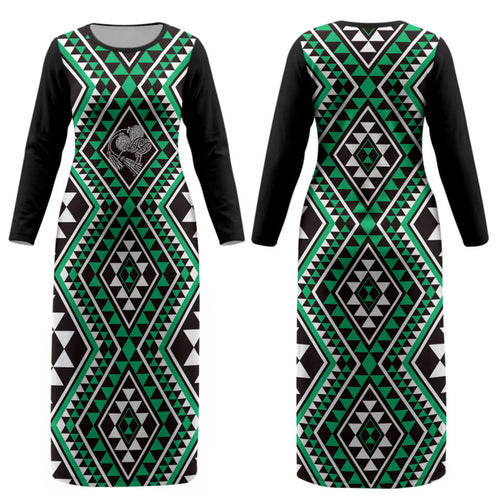 New Zealand Kakariki Taniko Motifs Couples Matching Long Sleeve Bodycon Dress and Hawaiian Shirt Maori Poi Dance Costume Inspired