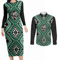 New Zealand Kakariki Taniko Motifs Couples Matching Long Sleeve Bodycon Dress and Long Sleeve Button Shirt Maori Poi Dance Costume Inspired