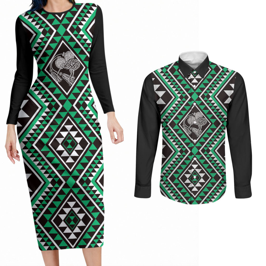 New Zealand Kakariki Taniko Motifs Couples Matching Long Sleeve Bodycon Dress and Long Sleeve Button Shirt Maori Poi Dance Costume Inspired