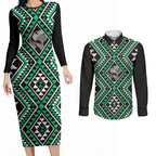 New Zealand Kakariki Taniko Motifs Couples Matching Long Sleeve Bodycon Dress and Long Sleeve Button Shirt Maori Poi Dance Costume Inspired