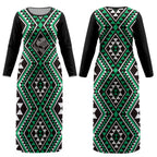 New Zealand Kakariki Taniko Motifs Couples Matching Long Sleeve Bodycon Dress and Long Sleeve Button Shirt Maori Poi Dance Costume Inspired
