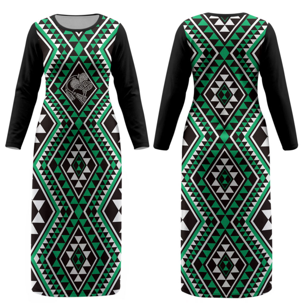 New Zealand Kakariki Taniko Motifs Couples Matching Long Sleeve Bodycon Dress and Long Sleeve Button Shirt Maori Poi Dance Costume Inspired