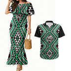 New Zealand Kakariki Taniko Motifs Couples Matching Mermaid Dress and Hawaiian Shirt Maori Poi Dance Costume Inspired