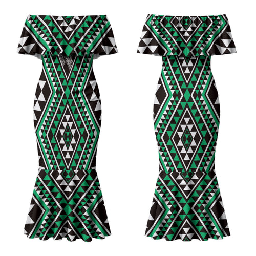 New Zealand Kakariki Taniko Motifs Couples Matching Mermaid Dress and Hawaiian Shirt Maori Poi Dance Costume Inspired