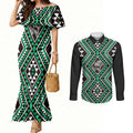 New Zealand Kakariki Taniko Motifs Couples Matching Mermaid Dress and Long Sleeve Button Shirt Maori Poi Dance Costume Inspired