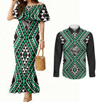 New Zealand Kakariki Taniko Motifs Couples Matching Mermaid Dress and Long Sleeve Button Shirt Maori Poi Dance Costume Inspired