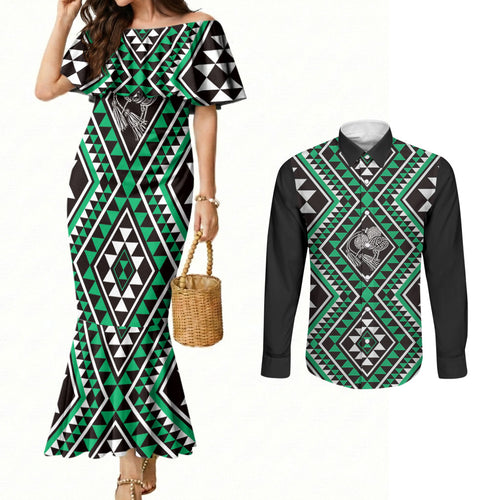 New Zealand Kakariki Taniko Motifs Couples Matching Mermaid Dress and Long Sleeve Button Shirt Maori Poi Dance Costume Inspired