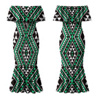 New Zealand Kakariki Taniko Motifs Couples Matching Mermaid Dress and Long Sleeve Button Shirt Maori Poi Dance Costume Inspired