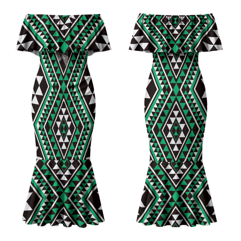 New Zealand Kakariki Taniko Motifs Couples Matching Mermaid Dress and Long Sleeve Button Shirt Maori Poi Dance Costume Inspired