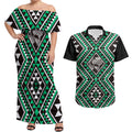 New Zealand Kakariki Taniko Motifs Couples Matching Off Shoulder Maxi Dress and Hawaiian Shirt Maori Poi Dance Costume Inspired