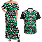 New Zealand Kakariki Taniko Motifs Couples Matching Off Shoulder Maxi Dress and Hawaiian Shirt Maori Poi Dance Costume Inspired