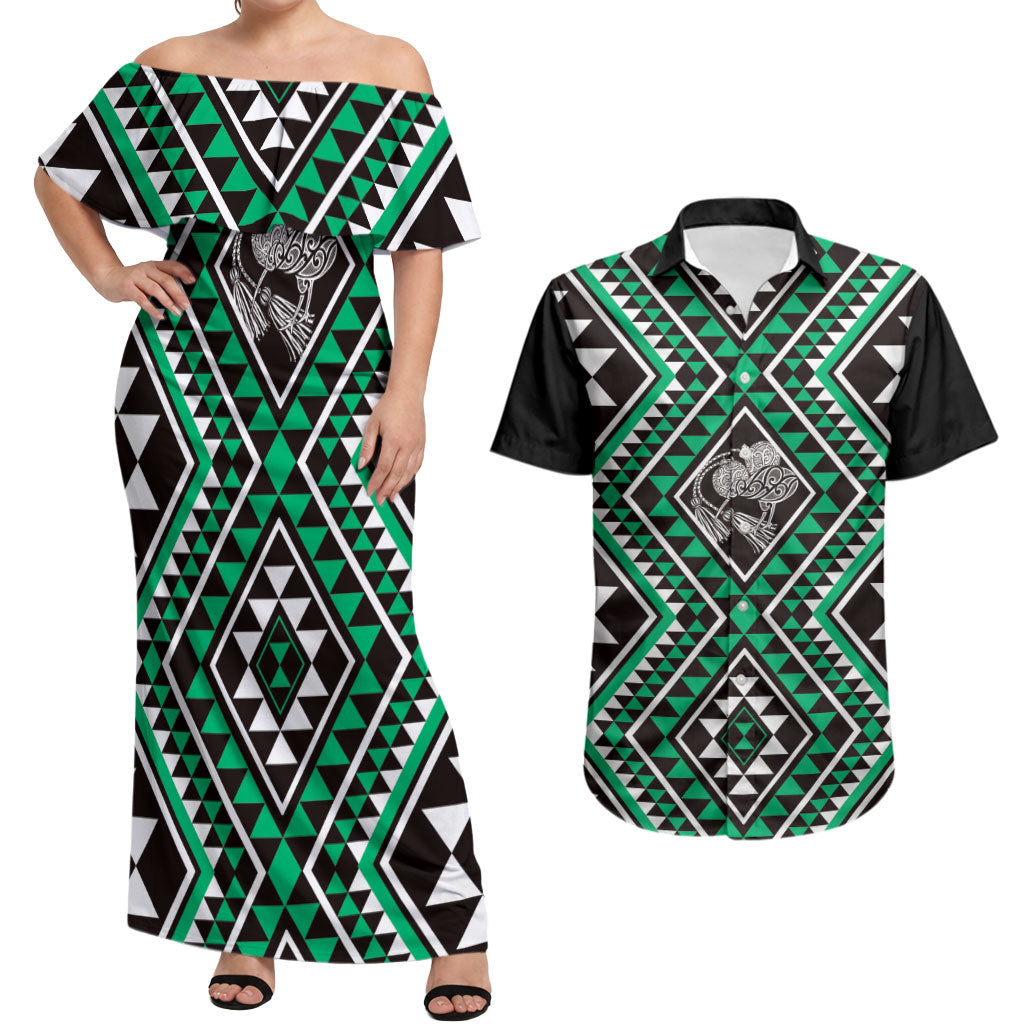 New Zealand Kakariki Taniko Motifs Couples Matching Off Shoulder Maxi Dress and Hawaiian Shirt Maori Poi Dance Costume Inspired