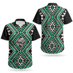 New Zealand Kakariki Taniko Motifs Couples Matching Off Shoulder Maxi Dress and Hawaiian Shirt Maori Poi Dance Costume Inspired