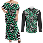 New Zealand Kakariki Taniko Motifs Couples Matching Off Shoulder Maxi Dress and Long Sleeve Button Shirt Maori Poi Dance Costume Inspired