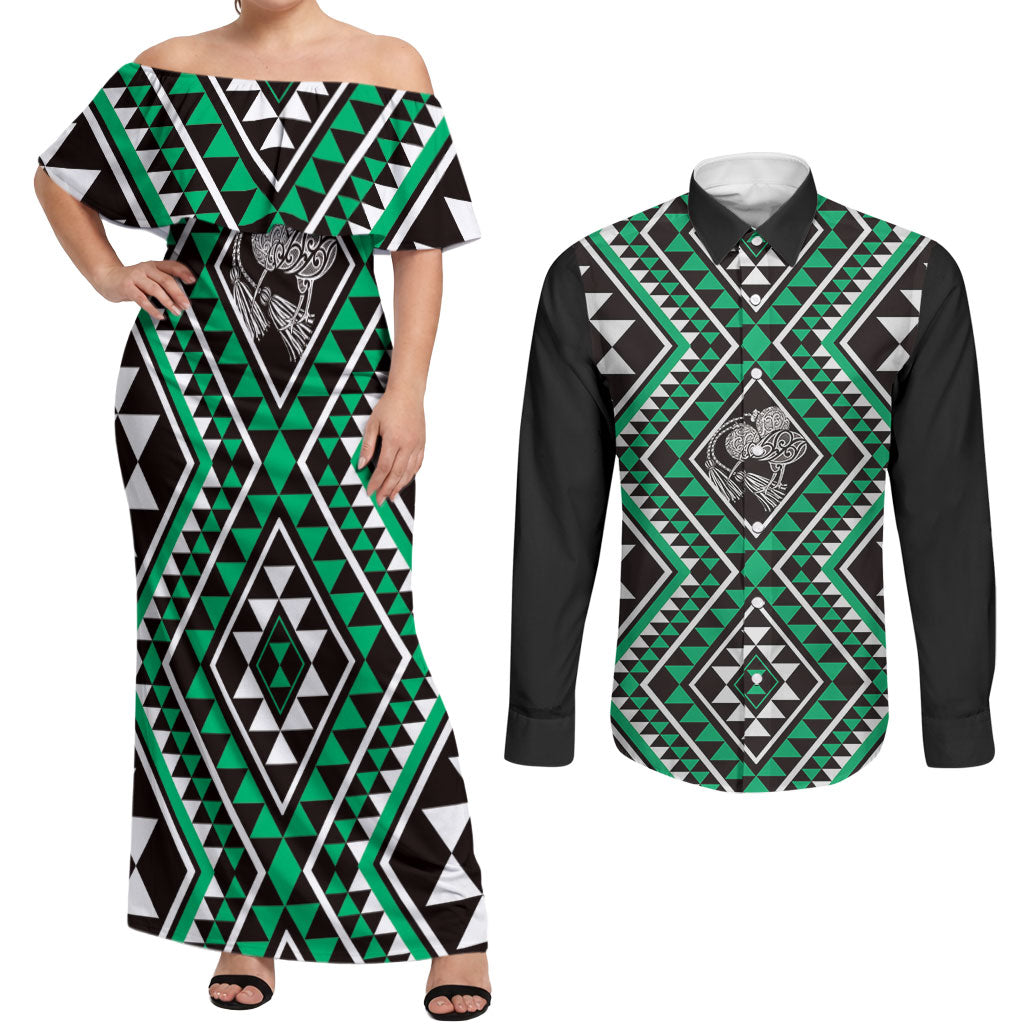 New Zealand Kakariki Taniko Motifs Couples Matching Off Shoulder Maxi Dress and Long Sleeve Button Shirt Maori Poi Dance Costume Inspired