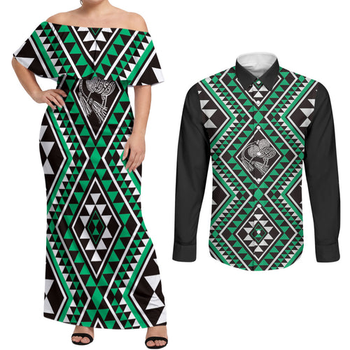 New Zealand Kakariki Taniko Motifs Couples Matching Off Shoulder Maxi Dress and Long Sleeve Button Shirt Maori Poi Dance Costume Inspired