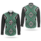 New Zealand Kakariki Taniko Motifs Couples Matching Off Shoulder Maxi Dress and Long Sleeve Button Shirt Maori Poi Dance Costume Inspired