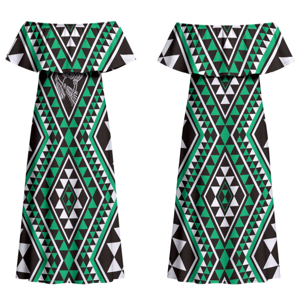 New Zealand Kakariki Taniko Motifs Couples Matching Off Shoulder Maxi Dress and Long Sleeve Button Shirt Maori Poi Dance Costume Inspired