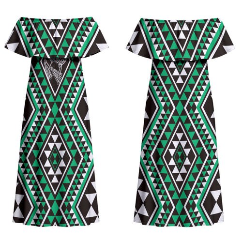 New Zealand Kakariki Taniko Motifs Couples Matching Off Shoulder Maxi Dress and Long Sleeve Button Shirt Maori Poi Dance Costume Inspired