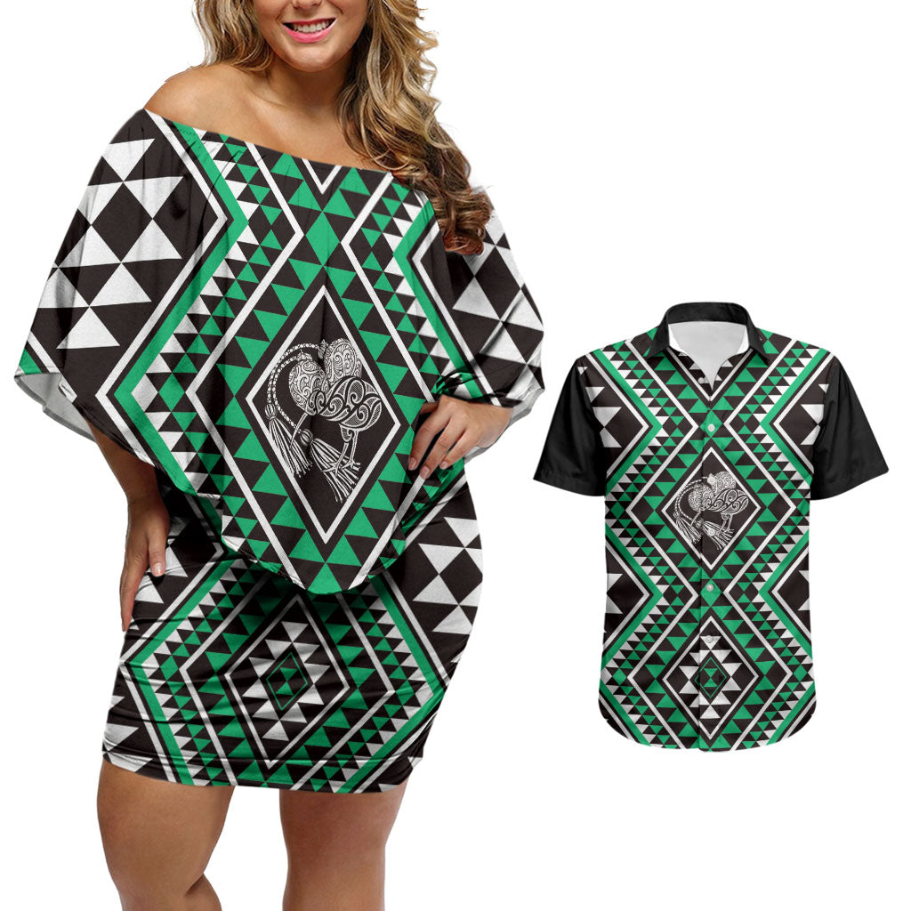 New Zealand Kakariki Taniko Motifs Couples Matching Off Shoulder Short Dress and Hawaiian Shirt Maori Poi Dance Costume Inspired