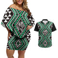 New Zealand Kakariki Taniko Motifs Couples Matching Off Shoulder Short Dress and Hawaiian Shirt Maori Poi Dance Costume Inspired