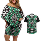 New Zealand Kakariki Taniko Motifs Couples Matching Off Shoulder Short Dress and Hawaiian Shirt Maori Poi Dance Costume Inspired