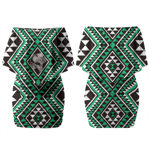 New Zealand Kakariki Taniko Motifs Couples Matching Off Shoulder Short Dress and Hawaiian Shirt Maori Poi Dance Costume Inspired