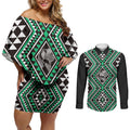 New Zealand Kakariki Taniko Motifs Couples Matching Off Shoulder Short Dress and Long Sleeve Button Shirt Maori Poi Dance Costume Inspired