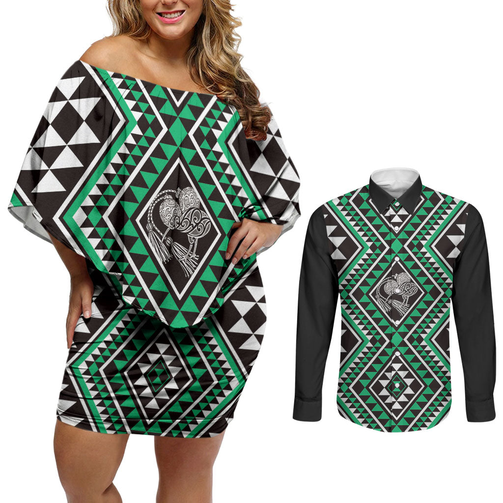 New Zealand Kakariki Taniko Motifs Couples Matching Off Shoulder Short Dress and Long Sleeve Button Shirt Maori Poi Dance Costume Inspired