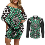 New Zealand Kakariki Taniko Motifs Couples Matching Off Shoulder Short Dress and Long Sleeve Button Shirt Maori Poi Dance Costume Inspired