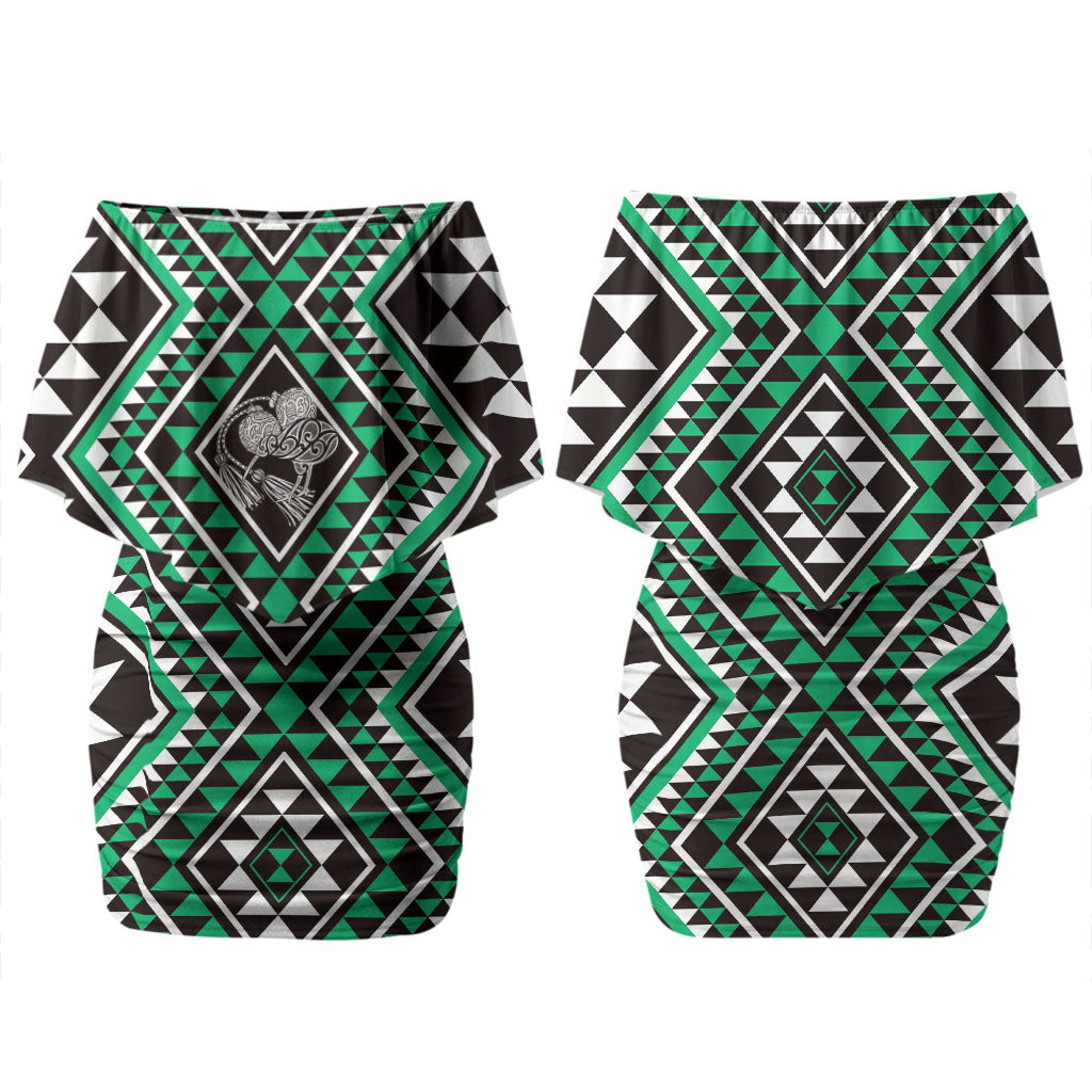 New Zealand Kakariki Taniko Motifs Couples Matching Off Shoulder Short Dress and Long Sleeve Button Shirt Maori Poi Dance Costume Inspired