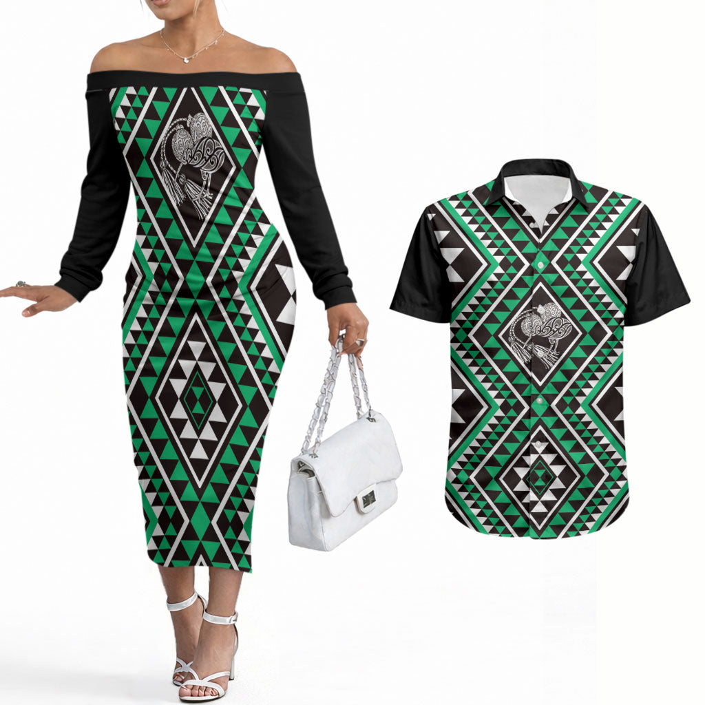 New Zealand Kakariki Taniko Motifs Couples Matching Off The Shoulder Long Sleeve Dress and Hawaiian Shirt Maori Poi Dance Costume Inspired
