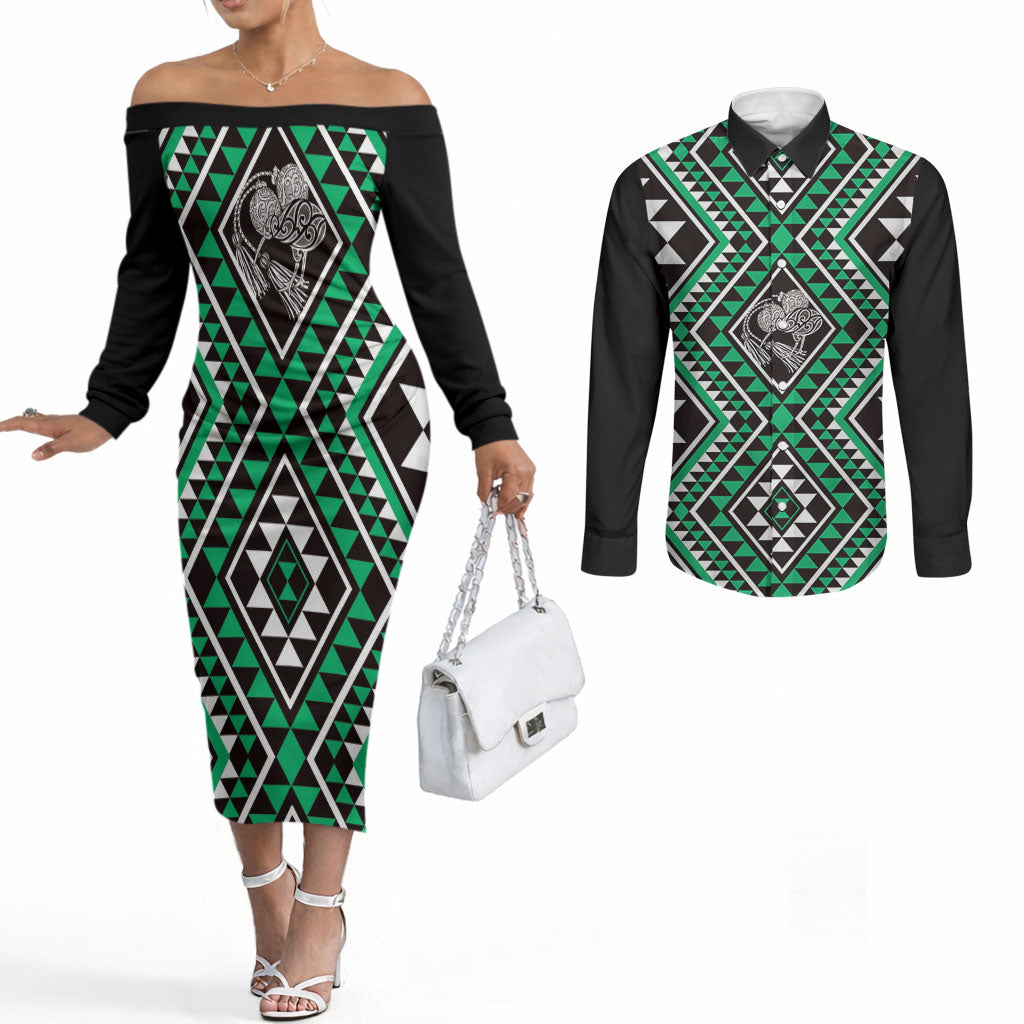 New Zealand Kakariki Taniko Motifs Couples Matching Off The Shoulder Long Sleeve Dress and Long Sleeve Button Shirt Maori Poi Dance Costume Inspired