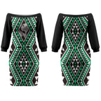 New Zealand Kakariki Taniko Motifs Couples Matching Off The Shoulder Long Sleeve Dress and Long Sleeve Button Shirt Maori Poi Dance Costume Inspired