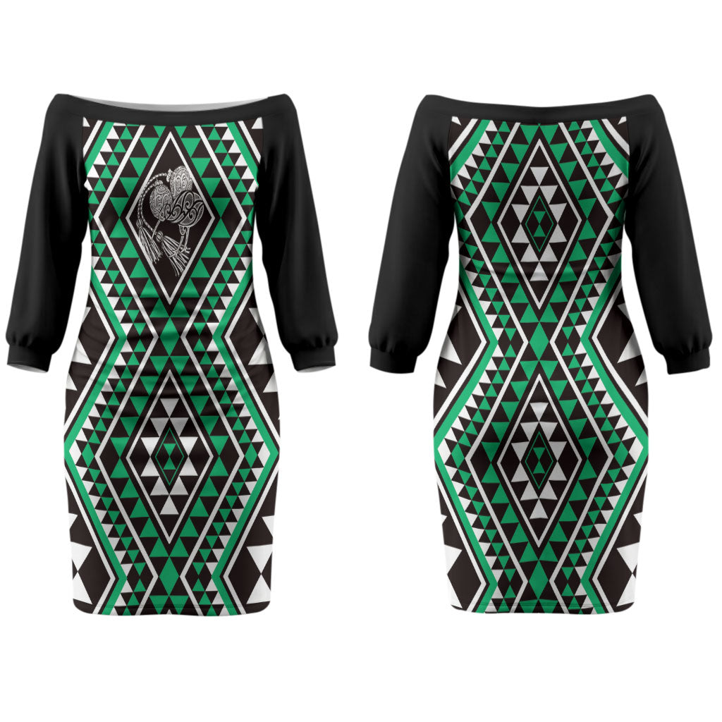 New Zealand Kakariki Taniko Motifs Couples Matching Off The Shoulder Long Sleeve Dress and Long Sleeve Button Shirt Maori Poi Dance Costume Inspired