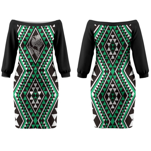 New Zealand Kakariki Taniko Motifs Couples Matching Off The Shoulder Long Sleeve Dress and Long Sleeve Button Shirt Maori Poi Dance Costume Inspired