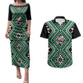 New Zealand Kakariki Taniko Motifs Couples Matching Puletasi and Hawaiian Shirt Maori Poi Dance Costume Inspired