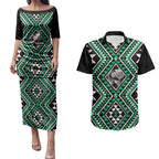 New Zealand Kakariki Taniko Motifs Couples Matching Puletasi and Hawaiian Shirt Maori Poi Dance Costume Inspired