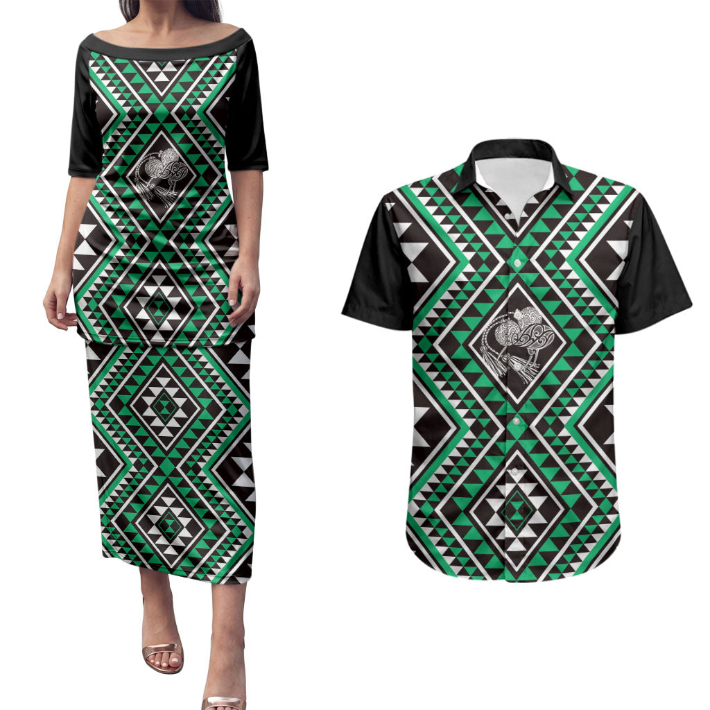 New Zealand Kakariki Taniko Motifs Couples Matching Puletasi and Hawaiian Shirt Maori Poi Dance Costume Inspired