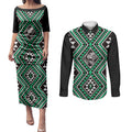 New Zealand Kakariki Taniko Motifs Couples Matching Puletasi and Long Sleeve Button Shirt Maori Poi Dance Costume Inspired