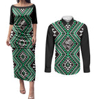 New Zealand Kakariki Taniko Motifs Couples Matching Puletasi and Long Sleeve Button Shirt Maori Poi Dance Costume Inspired