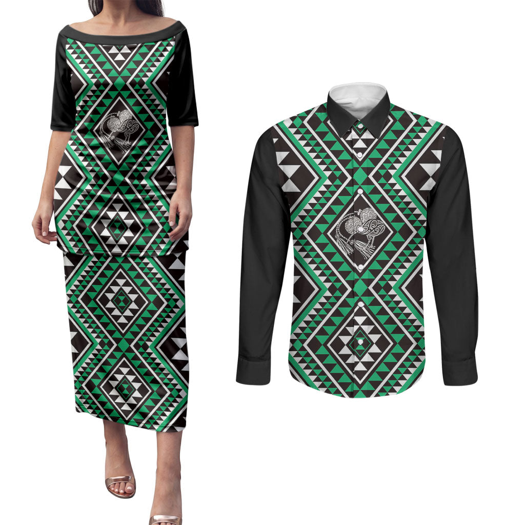 New Zealand Kakariki Taniko Motifs Couples Matching Puletasi and Long Sleeve Button Shirt Maori Poi Dance Costume Inspired