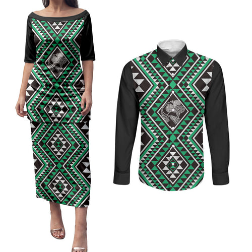 New Zealand Kakariki Taniko Motifs Couples Matching Puletasi and Long Sleeve Button Shirt Maori Poi Dance Costume Inspired