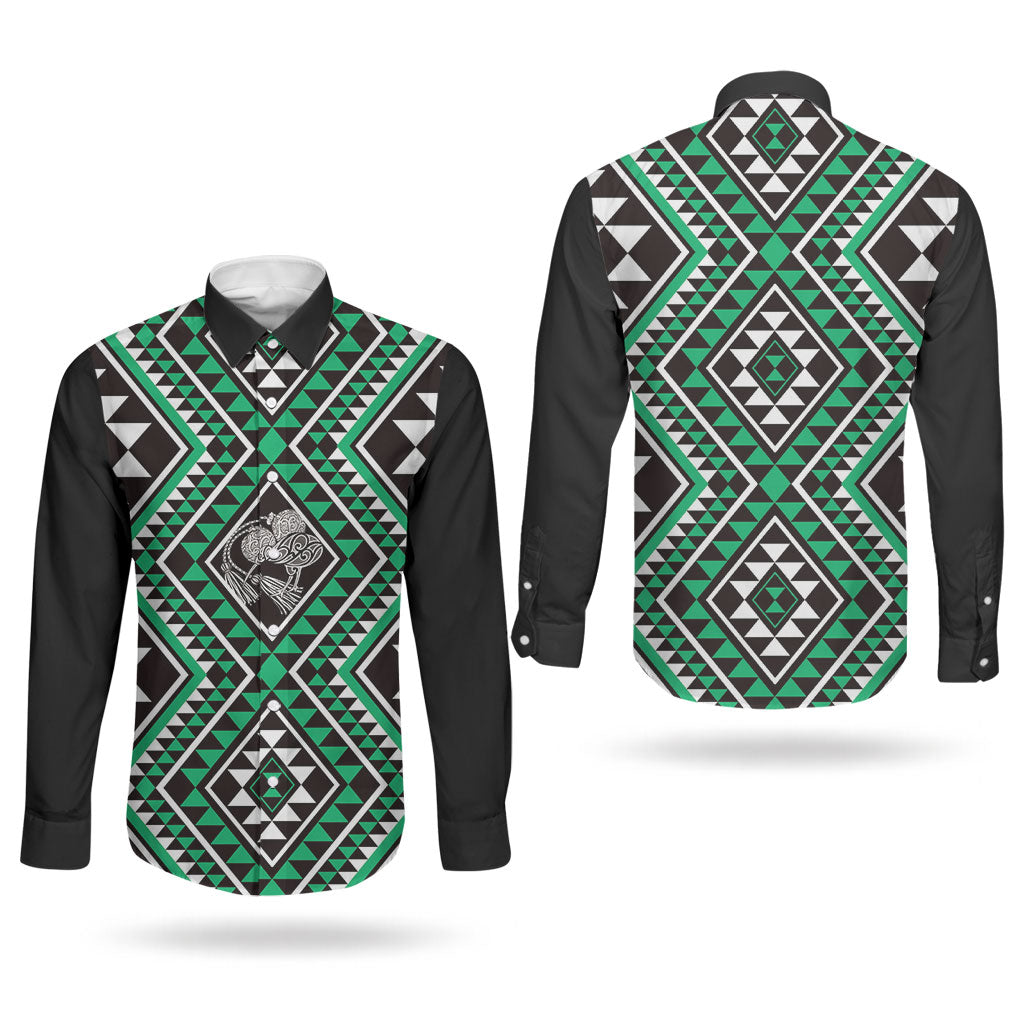 New Zealand Kakariki Taniko Motifs Couples Matching Puletasi and Long Sleeve Button Shirt Maori Poi Dance Costume Inspired