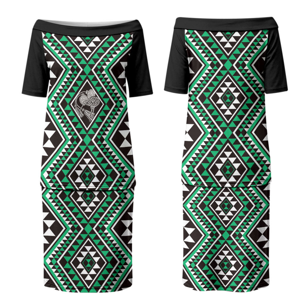 New Zealand Kakariki Taniko Motifs Couples Matching Puletasi and Long Sleeve Button Shirt Maori Poi Dance Costume Inspired
