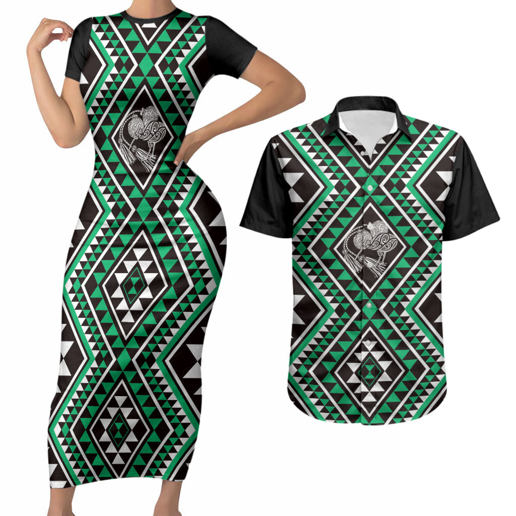 New Zealand Kakariki Taniko Motifs Couples Matching Short Sleeve Bodycon Dress and Hawaiian Shirt Maori Poi Dance Costume Inspired