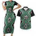 New Zealand Kakariki Taniko Motifs Couples Matching Short Sleeve Bodycon Dress and Hawaiian Shirt Maori Poi Dance Costume Inspired