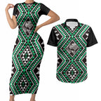 New Zealand Kakariki Taniko Motifs Couples Matching Short Sleeve Bodycon Dress and Hawaiian Shirt Maori Poi Dance Costume Inspired