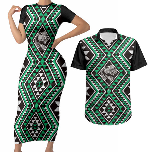 New Zealand Kakariki Taniko Motifs Couples Matching Short Sleeve Bodycon Dress and Hawaiian Shirt Maori Poi Dance Costume Inspired